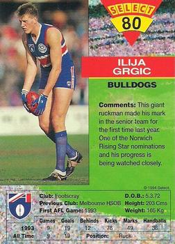 1994 Select AFL #80 Ilija Grgic Back